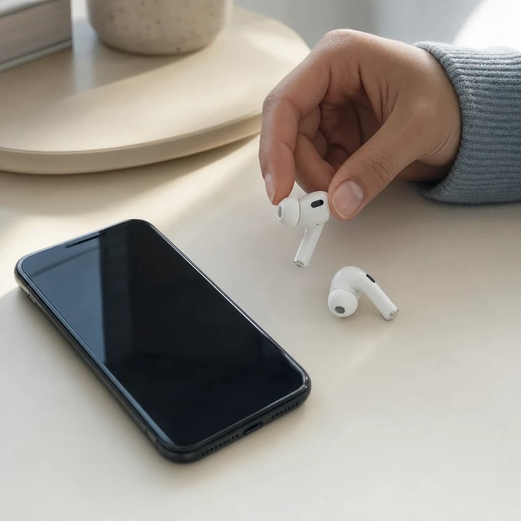 Una mano coloca un audífono inalámbrico junto a un teléfono